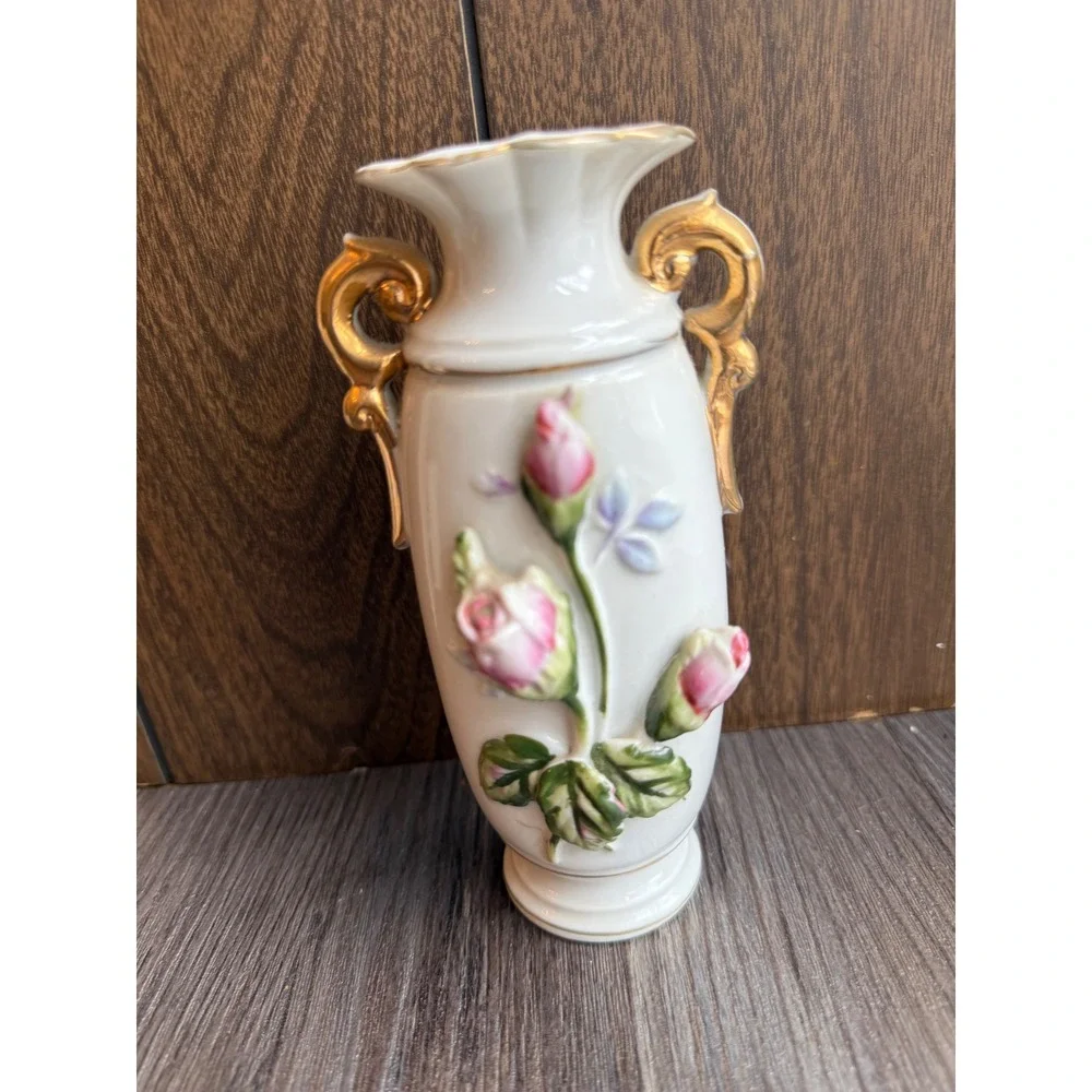 Vintage White Ceramic Vase Gold Handles Pink Rose‎ Bud Embossed Floral Accent